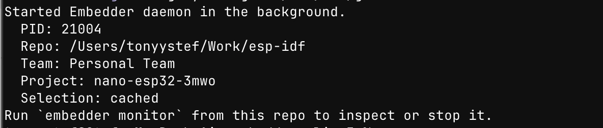 Terminal output showing Embedder starting a daemon in the background with PID, repo, team, project, and selection source