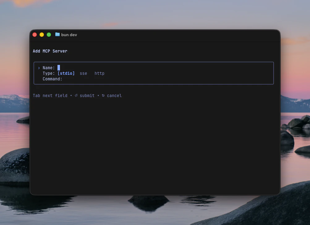 Add MCP Server form with fields for name, type, and command