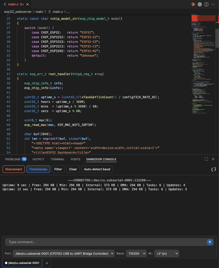Serial console showing device output alongside the code editor