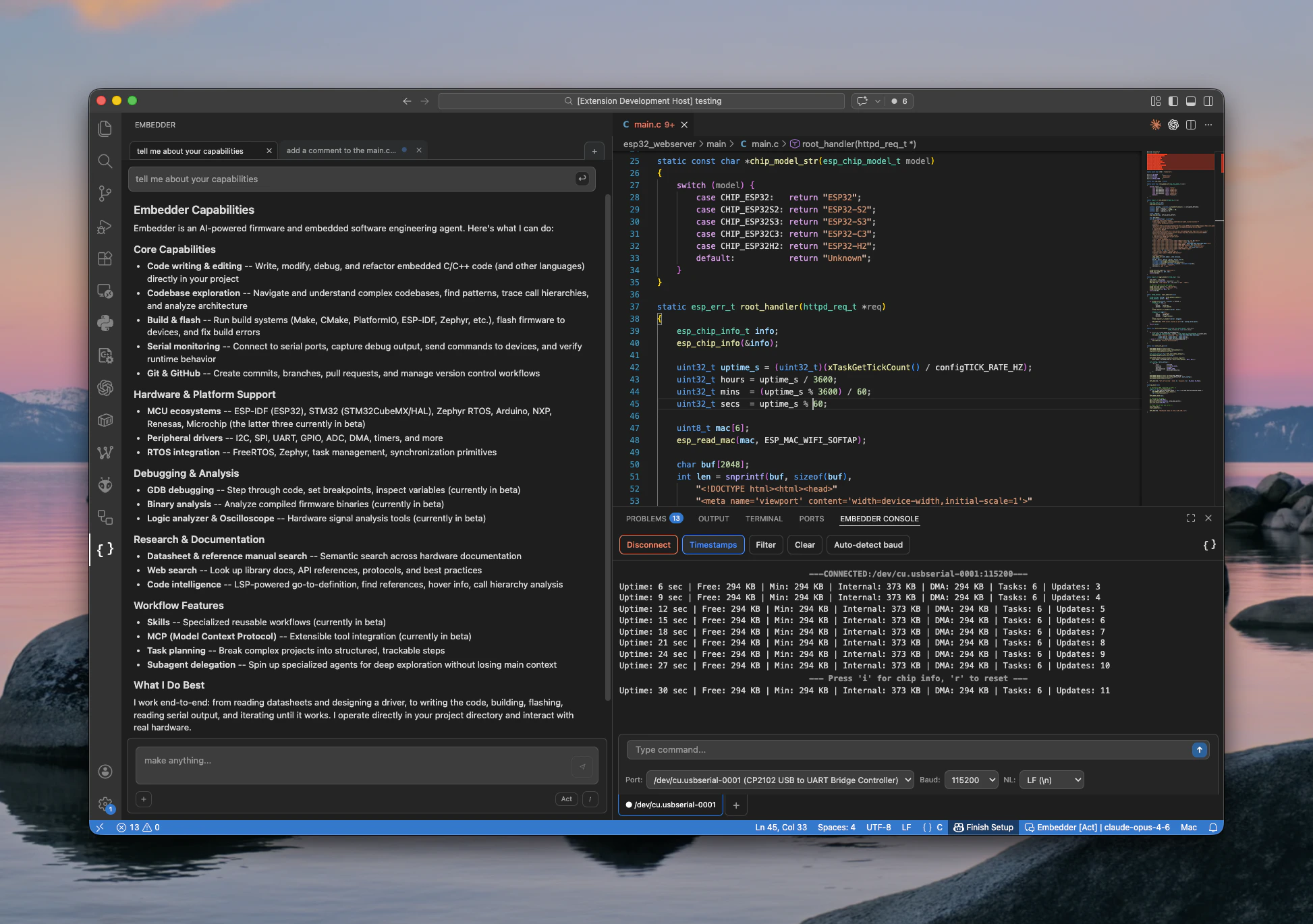 Embedder VS Code extension showing the chat panel, code editor, and serial console side by side
