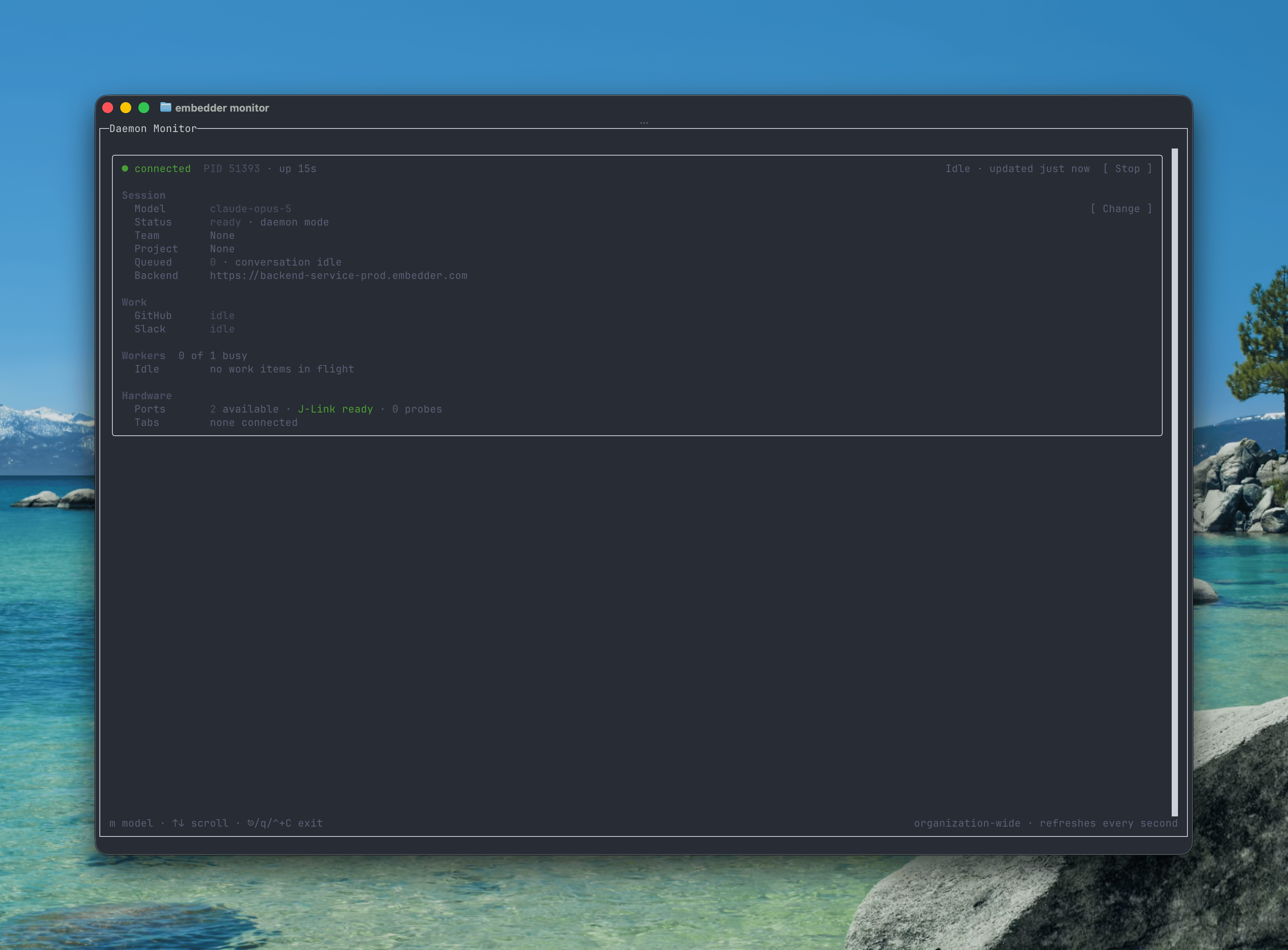 Daemon monitor showing a connected organization-wide daemon with its model, session status, GitHub and Slack work state, worker slots, and hardware including serial ports and J-Link