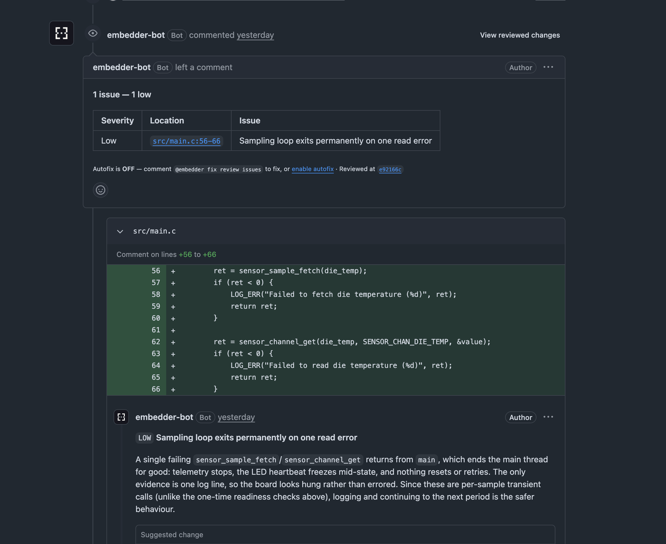 Pull request review by embedder-bot showing a severity table with one low issue and an inline diff comment explaining the problem with a suggested change
