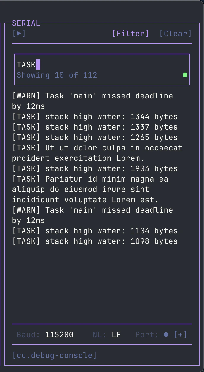 Serial terminal filter showing regex pattern filtering output
