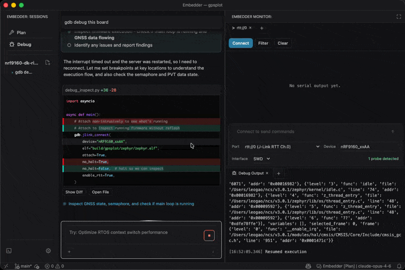 Embedder running a hardware script that attaches via GDB and reports the stopped frame