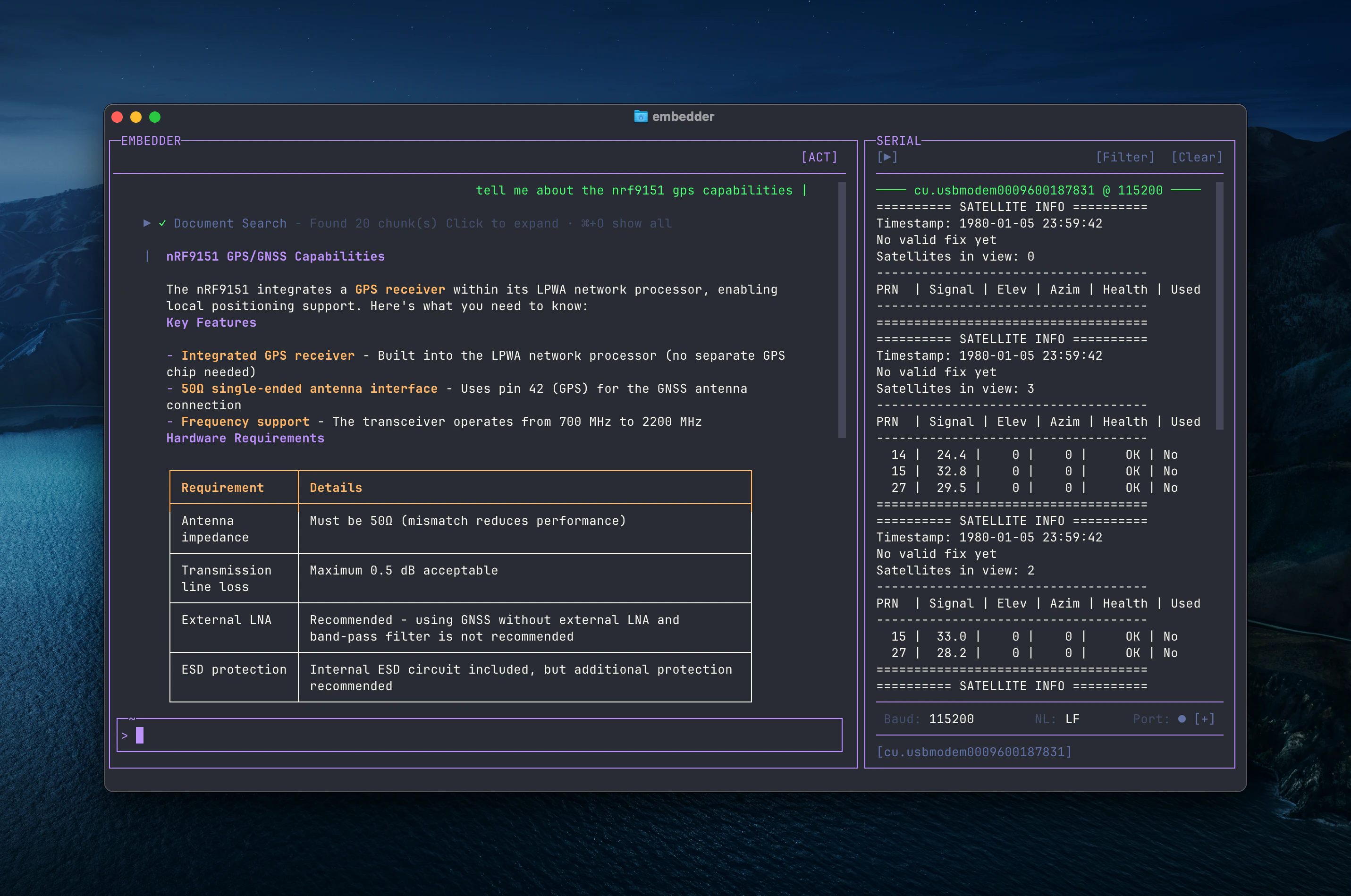 Interface d'intégration affichant une invite sur les capacités GPS du nRF9151, les résultats de la recherche de documents avec le tableau des exigences matérielles et le moniteur série affichant les informations satellite
