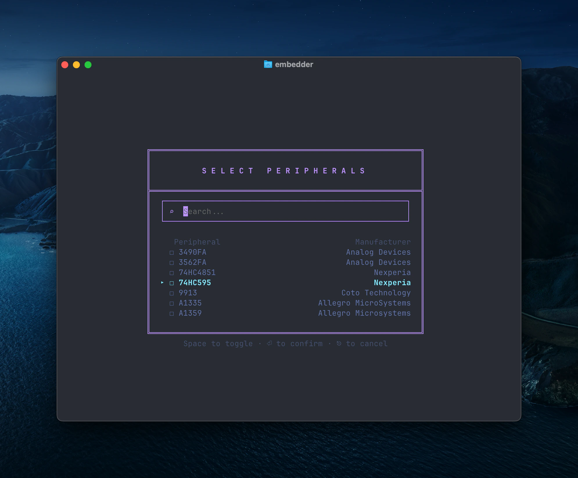 Boîte de dialogue SÉLECTIONNER LES PÉRIPHÉRIQUES avec zone de recherche affichant les composants d'Analog Devices, Nexperia et Allegro MicroSystems