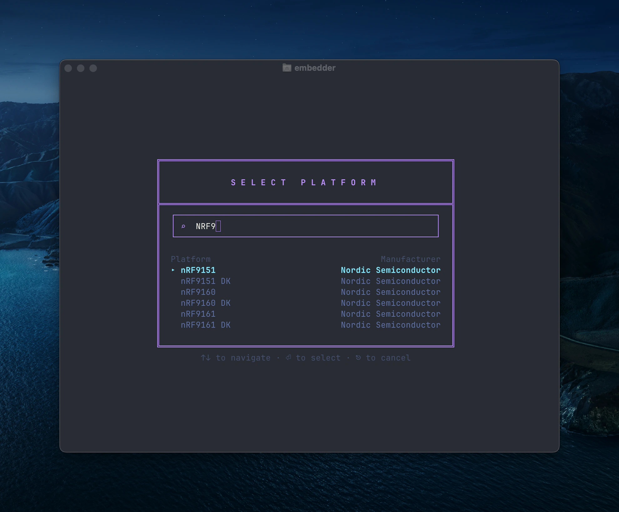 Boîte de dialogue SÉLECTIONNER UNE PLATEFORME avec champ de recherche affichant les plates-formes nRF9xxx de Nordic Semiconductor