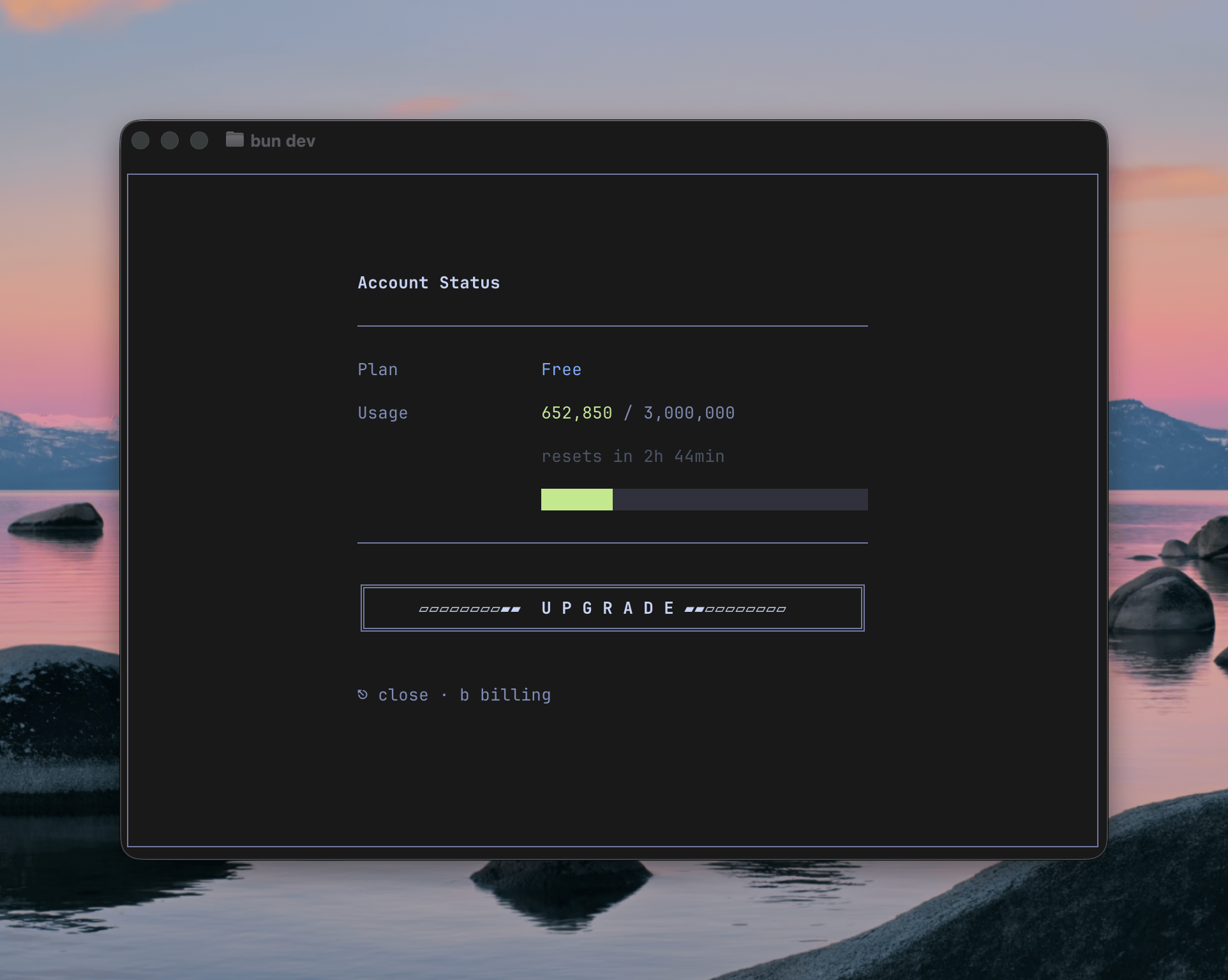 Account status modal showing plan type, usage progress bar, and reset countdown
