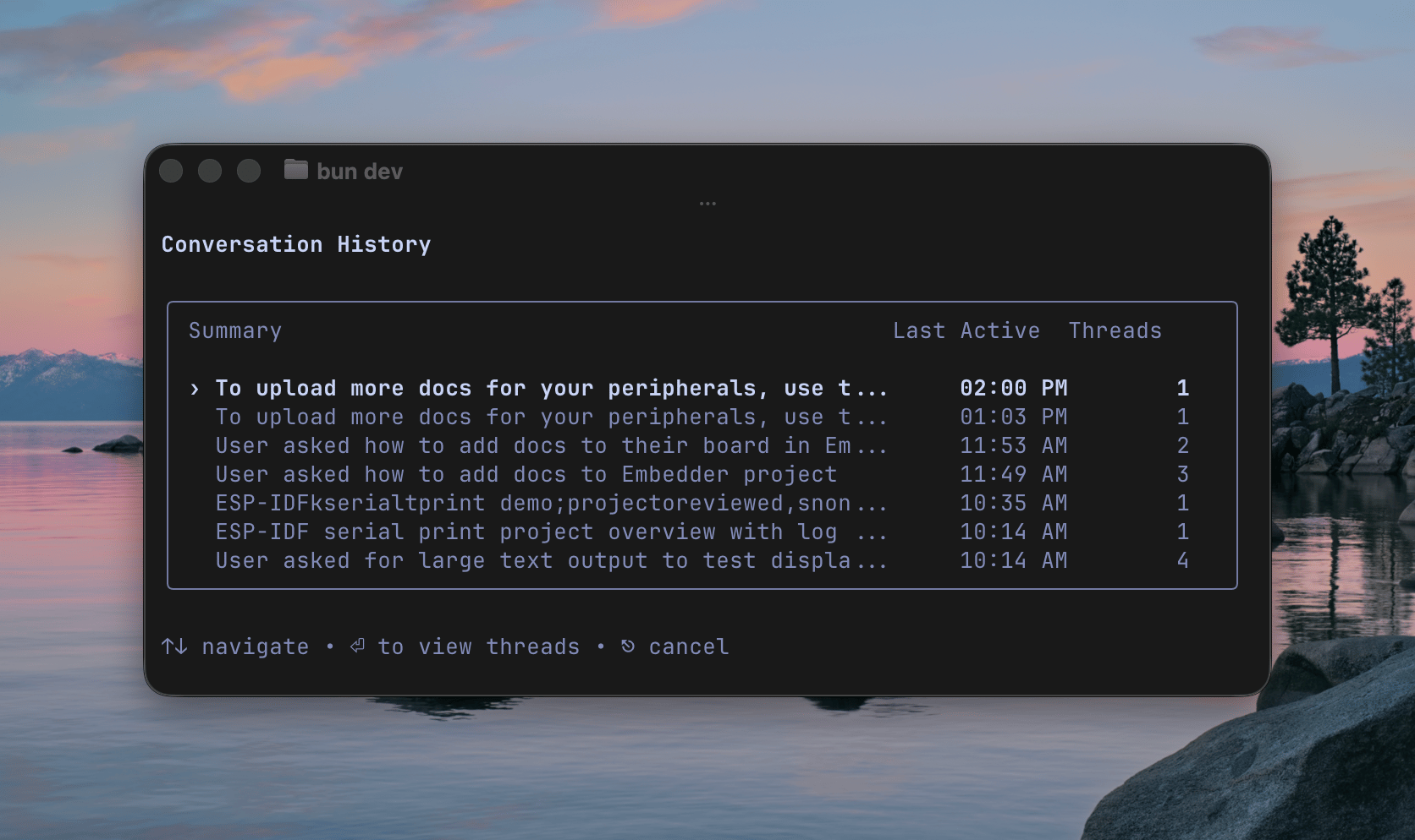 Conversation history panel listing past sessions with summaries, last active times, and thread counts