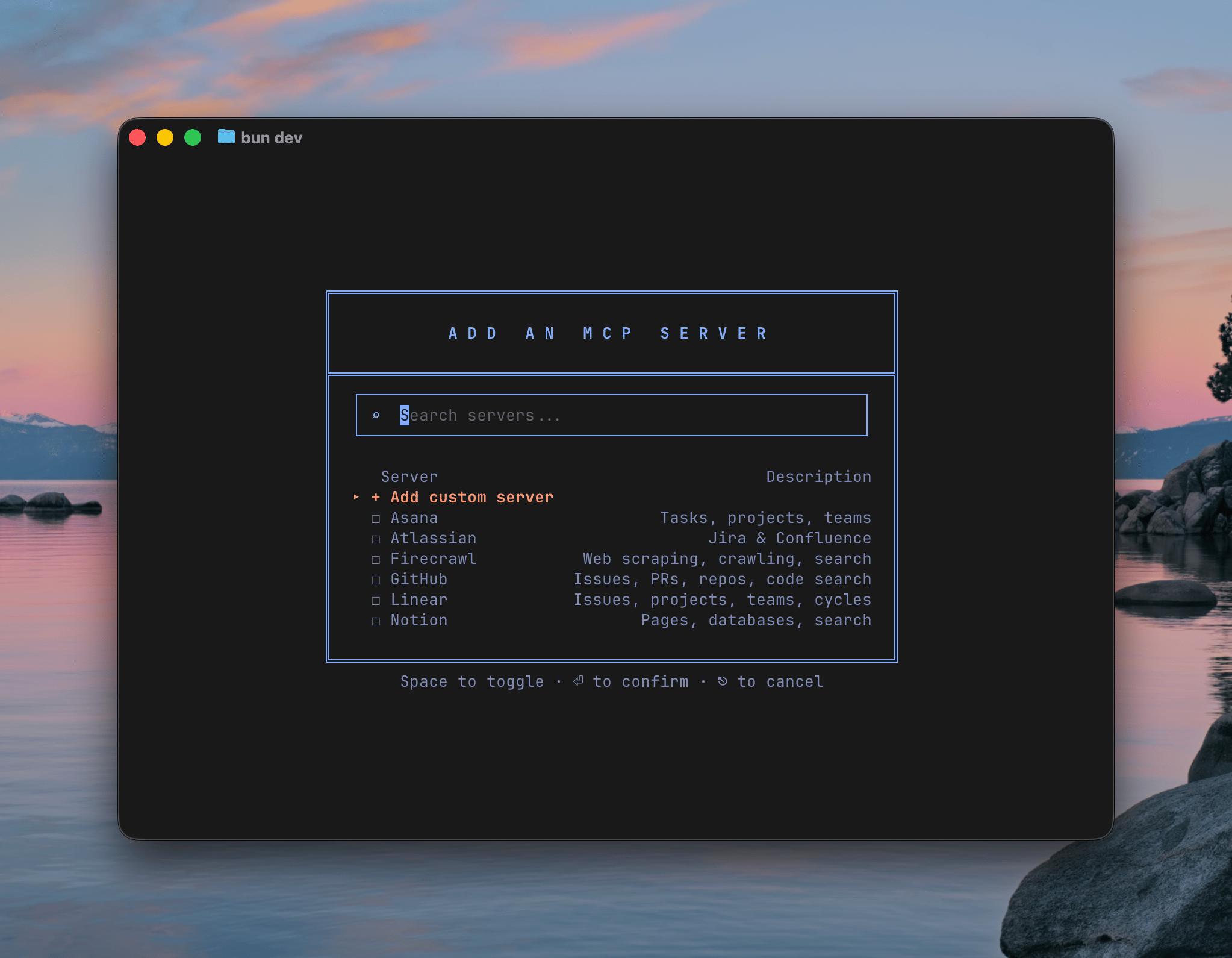 Add an MCP Server dialog showing searchable list of available servers including Asana, Atlassian, Firecrawl, GitHub, Linear, and Notion
