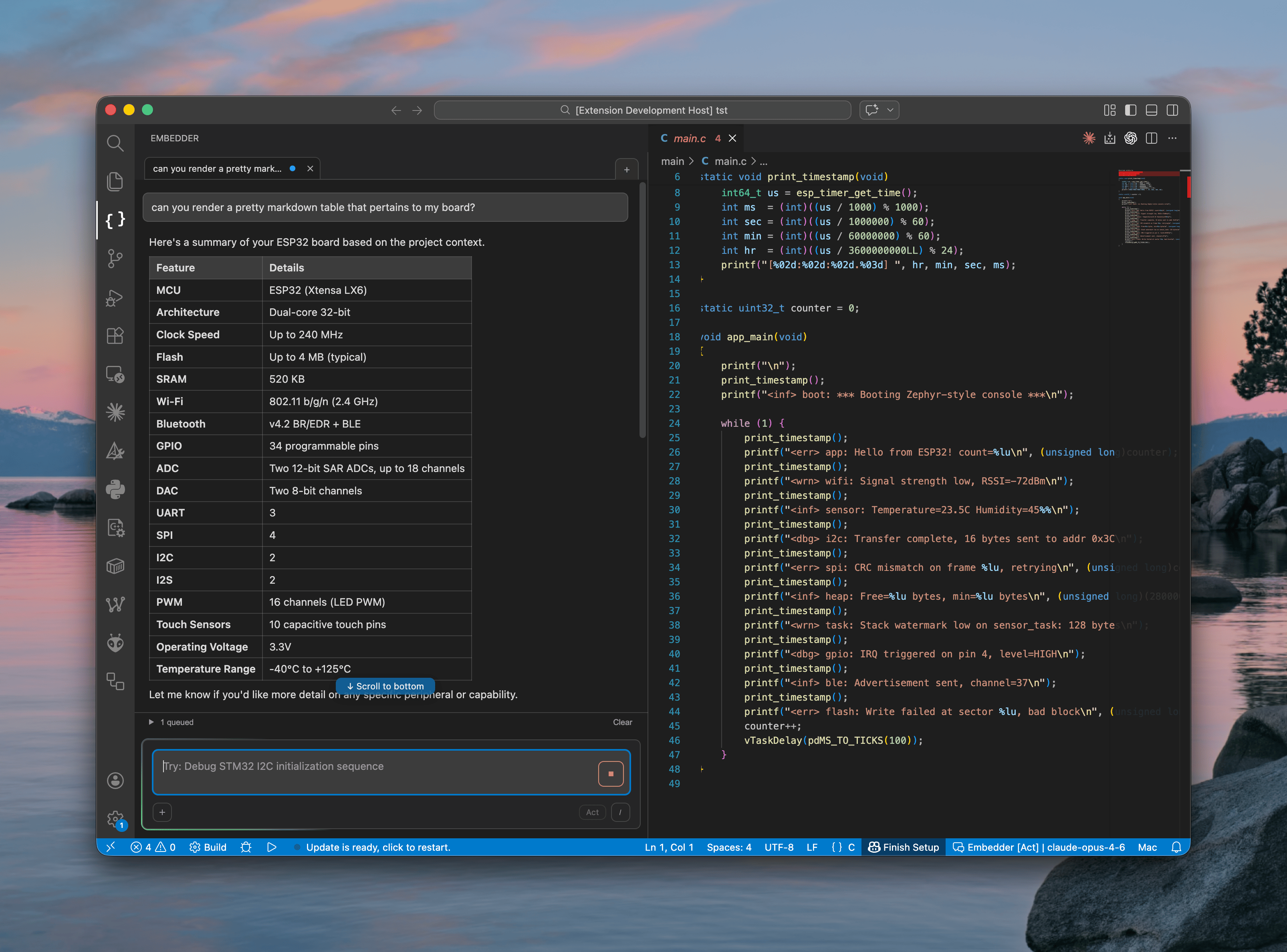 Embedder VS Code extension displaying a rendered markdown table with ESP32 specs and a queued message indicator