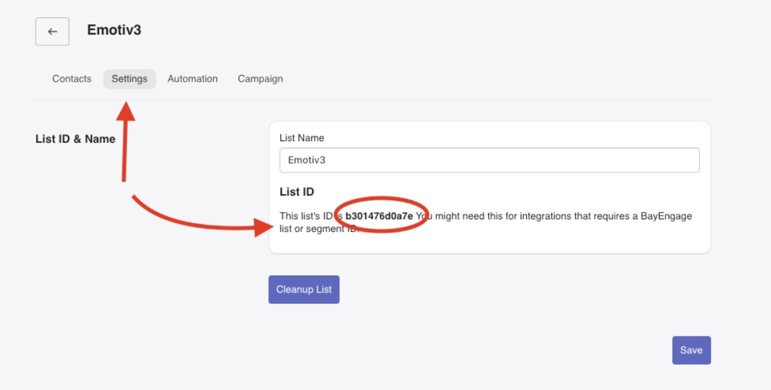 Bayengage copy list id