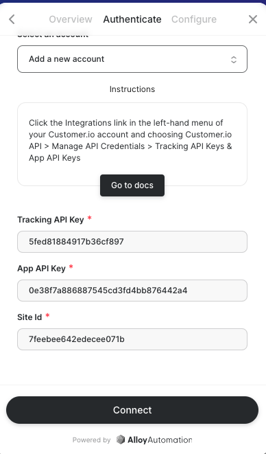 Customerio credentials