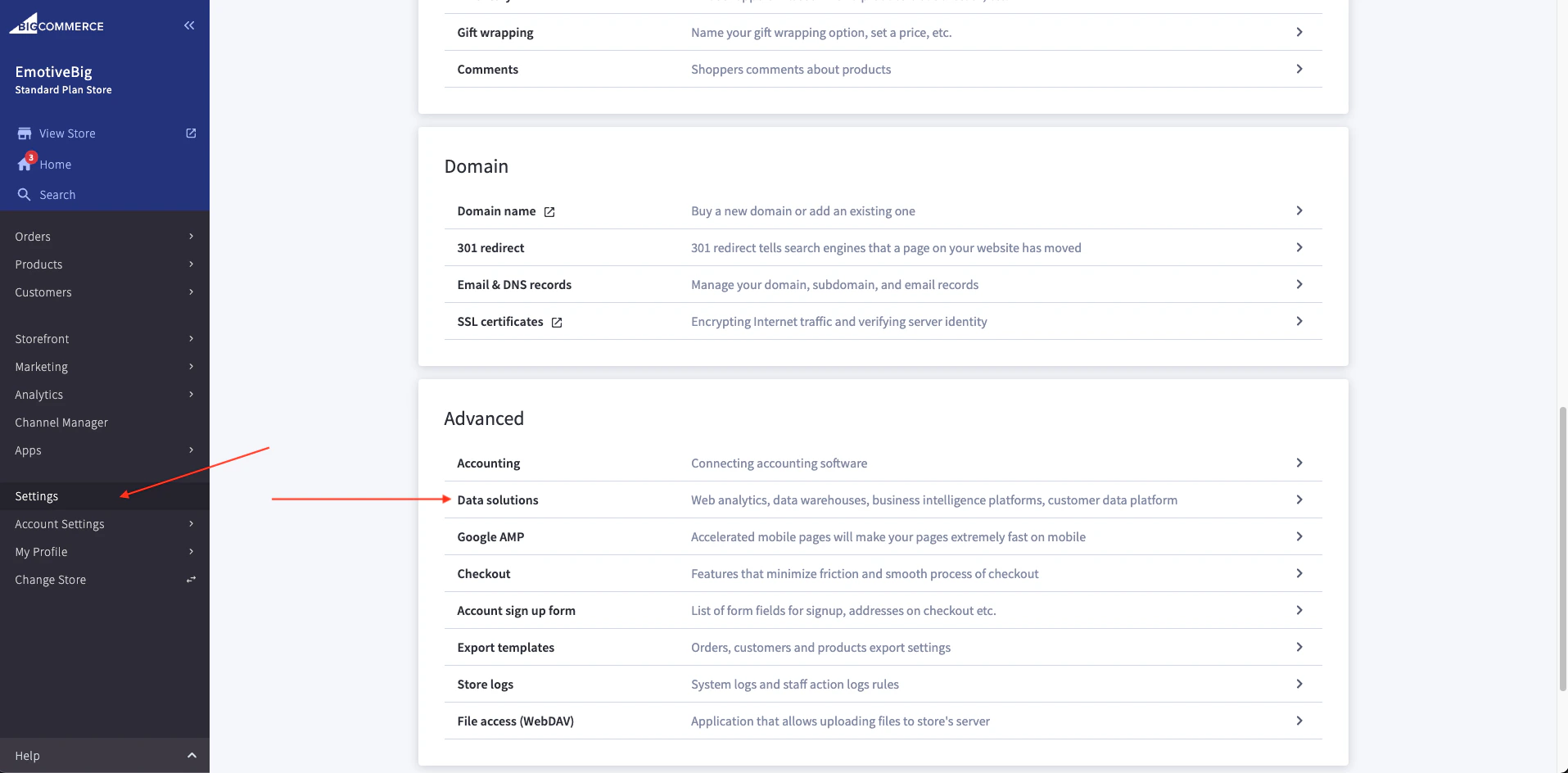 bigcommerce settings nav