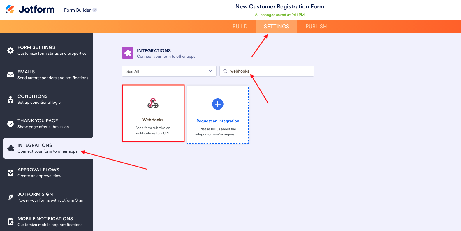 find jotform webhook settings