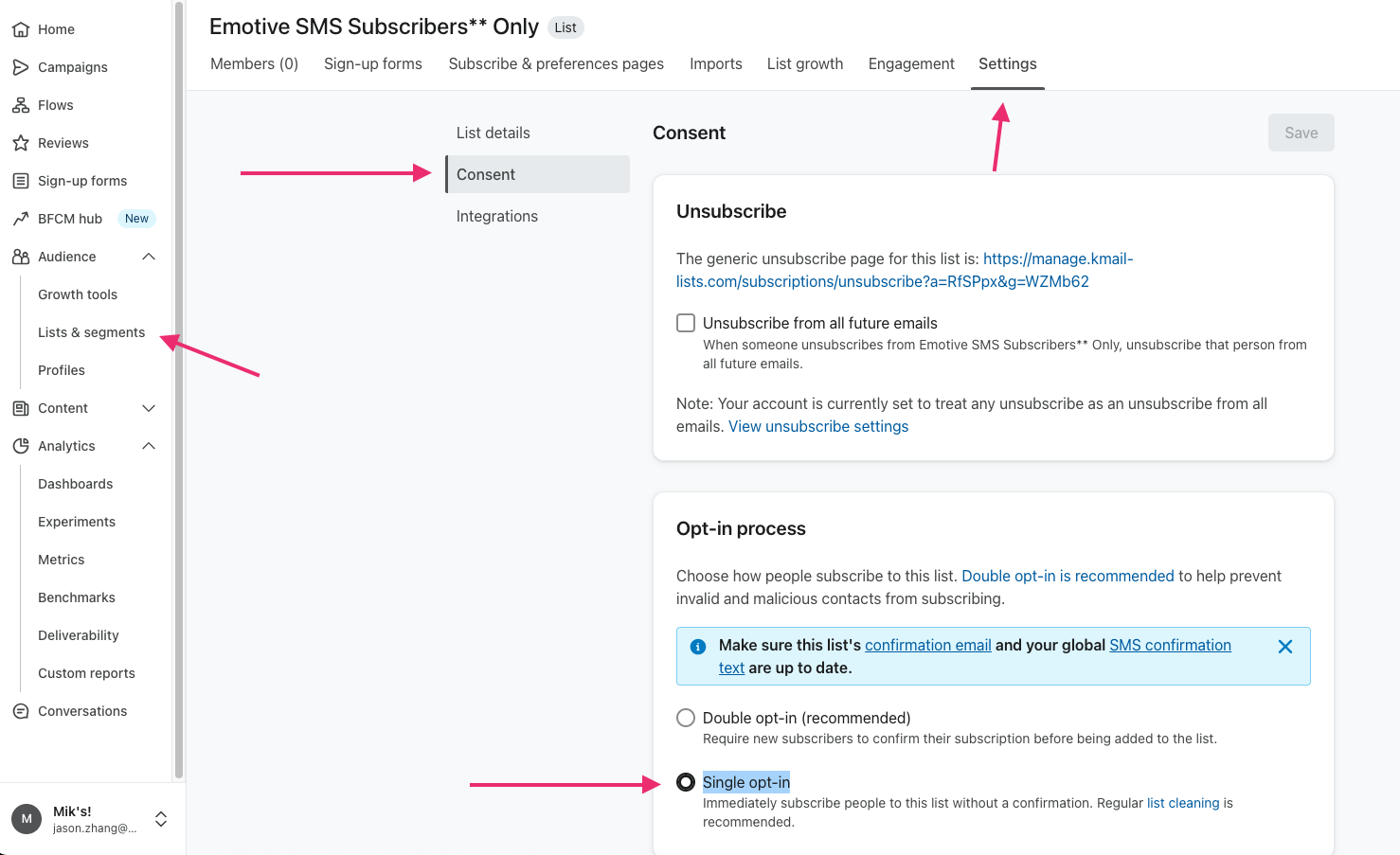 klaviyo list settings