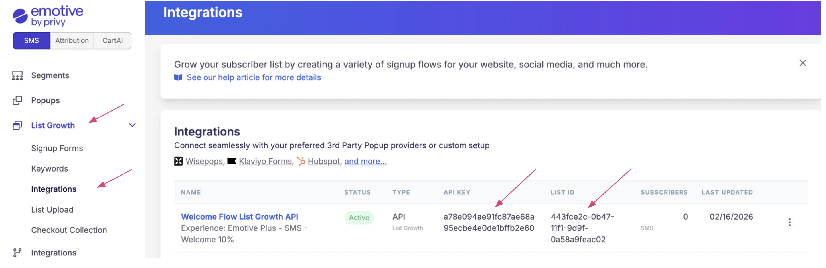 screenshot showing where to locate a new List Growth API and its information in Emotive