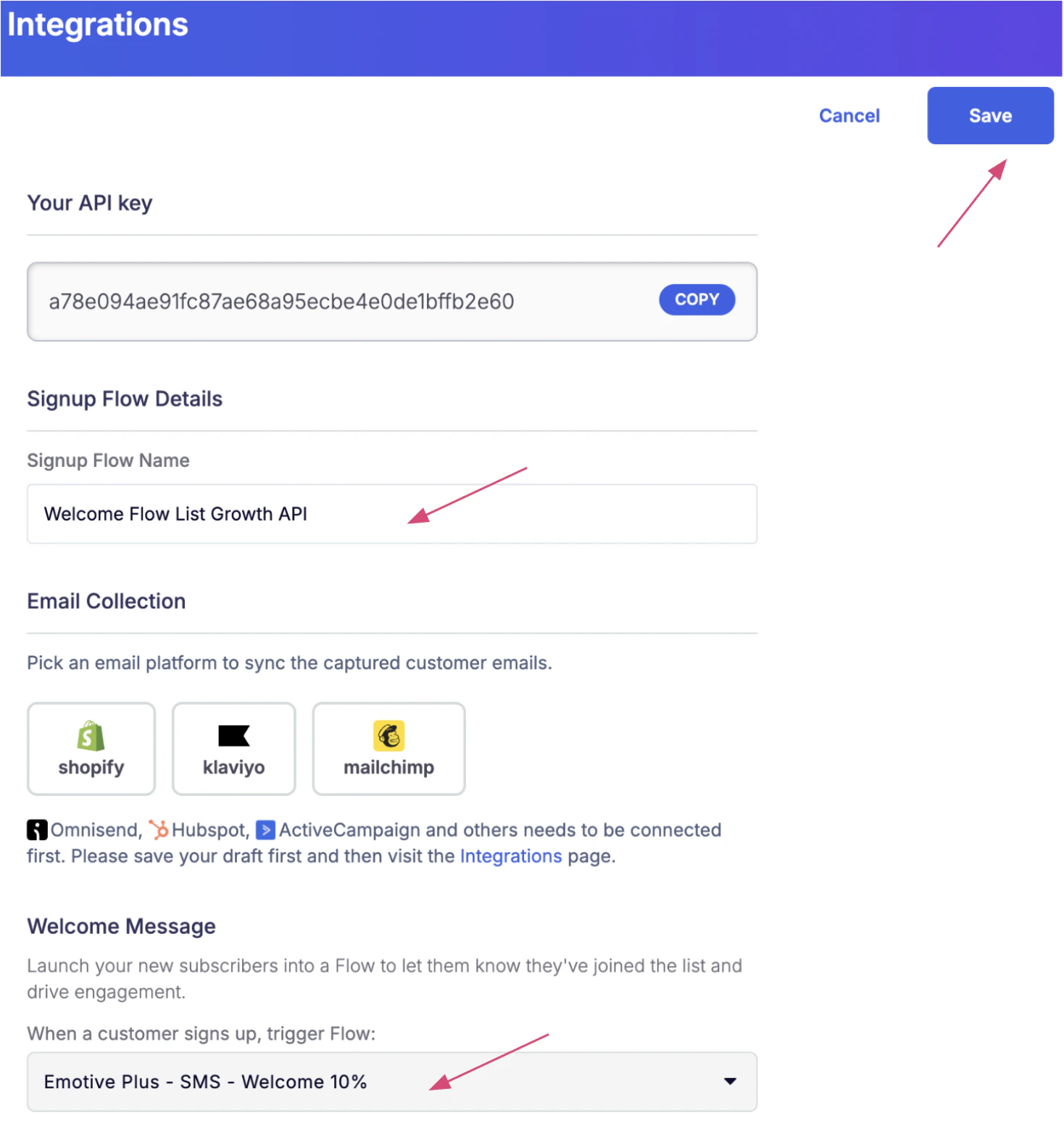 screenshot showing how to save a new list growth api in emotive