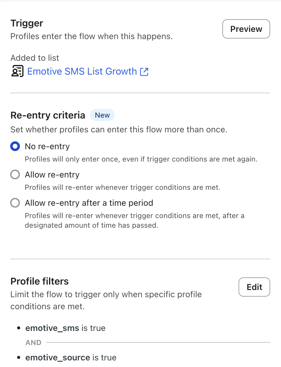 screenshot displaying klaviyo trigger and profile filters from within the Klaviyo platform