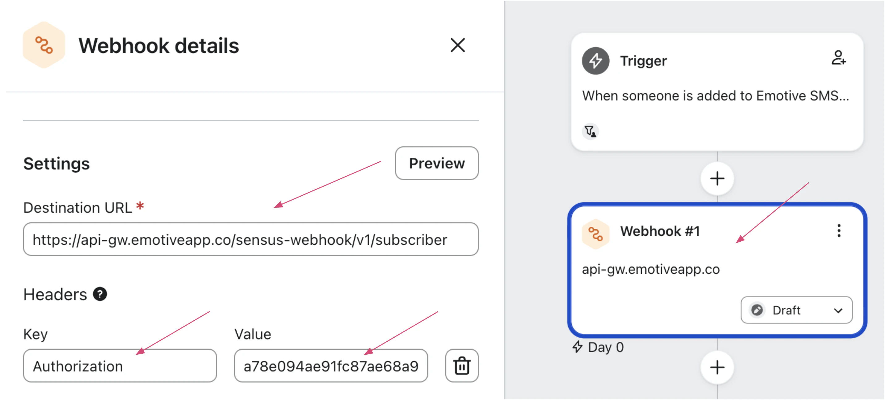 screenshot showing klaviyo and Emotive webhook details in the Klaviyo Flow builder
