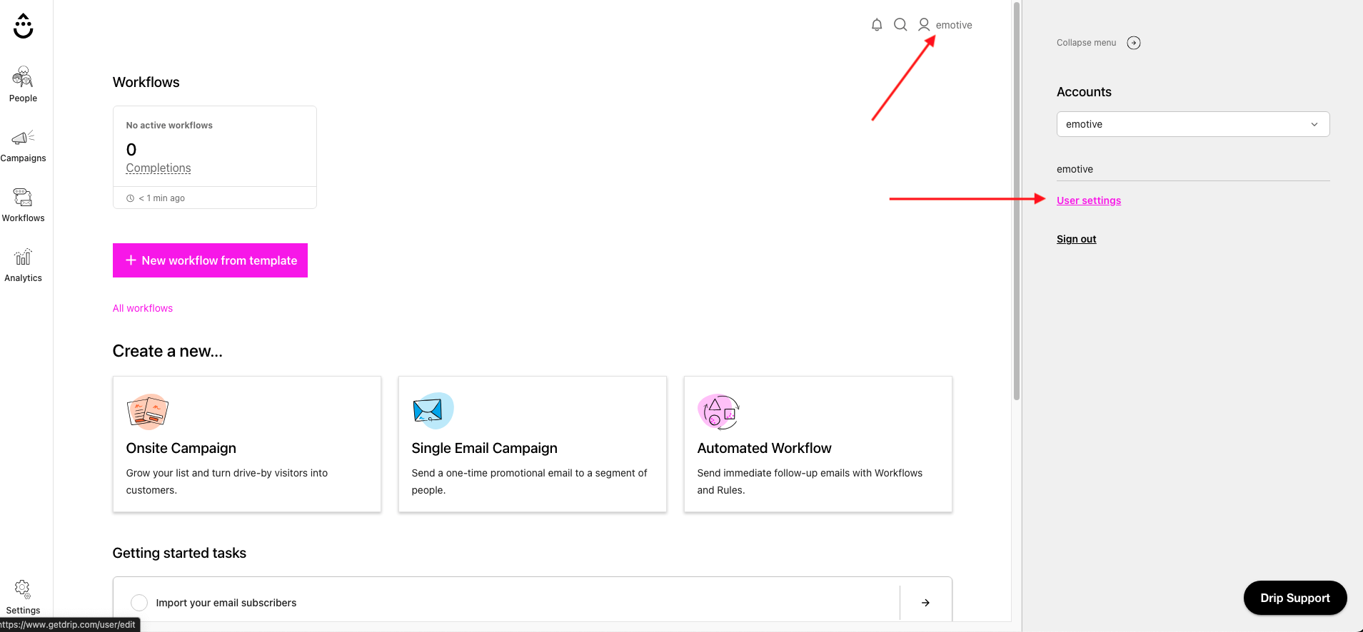 drip user settings page