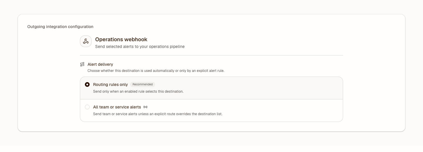 Outgoing webhook configuration with Routing rules only selected under Alert delivery