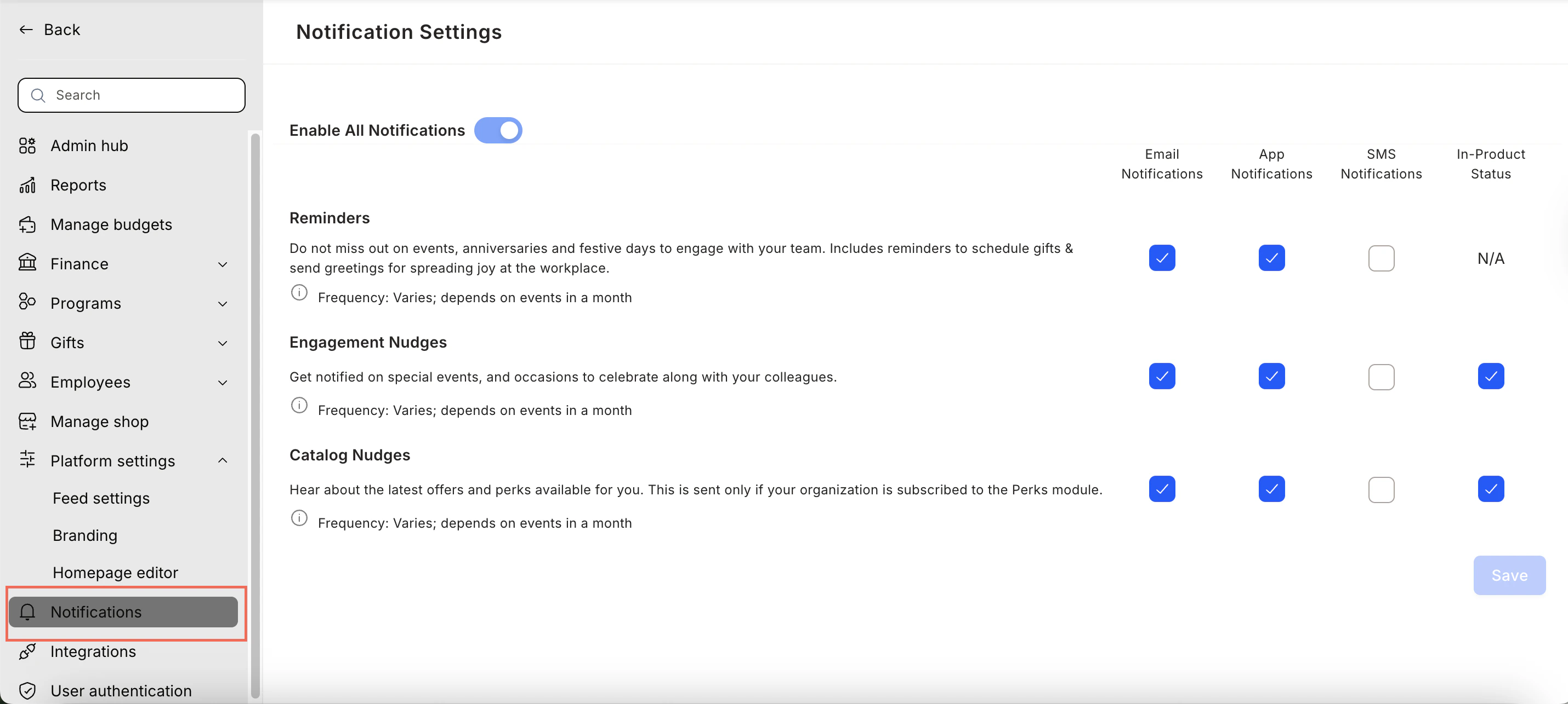 Notification settings categories with toggles