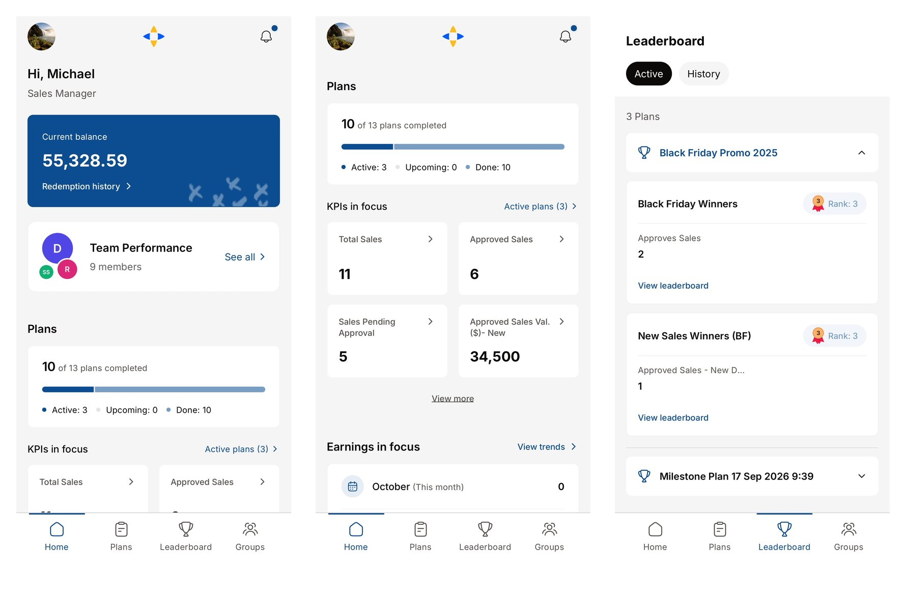 Redesigned Compass Home screen, the Plans screen with KPIs in focus, and the redesigned Leaderboard