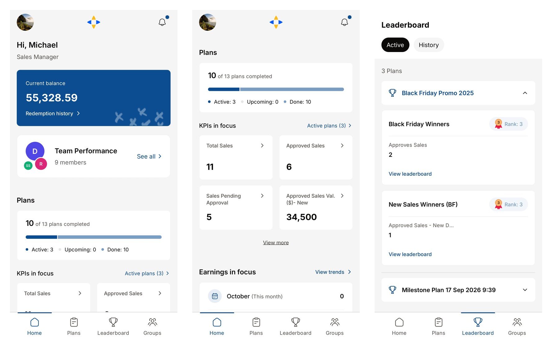 Redesigned Compass Home screen, the Plans screen with KPIs in focus, and the redesigned Leaderboard