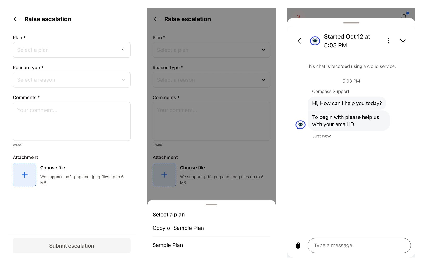Raise escalation form, selecting a plan to escalate, and the in-app chat with Compass Support