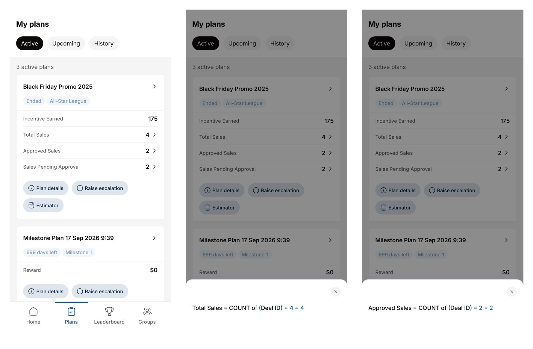 My plans with the new plan card buttons, and the Total Sales and Approved Sales formula views