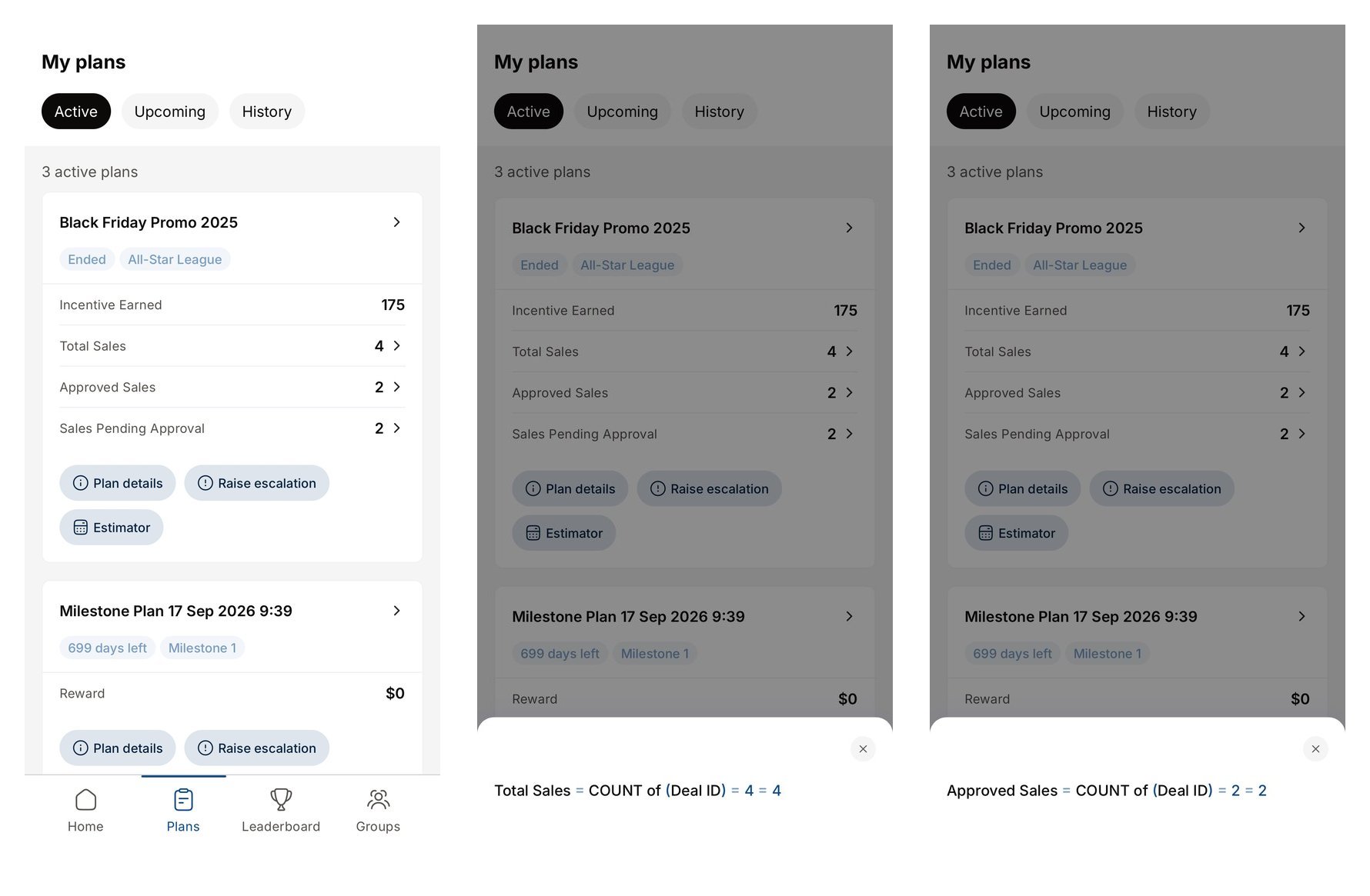 My plans with the new plan card buttons, and the Total Sales and Approved Sales formula views