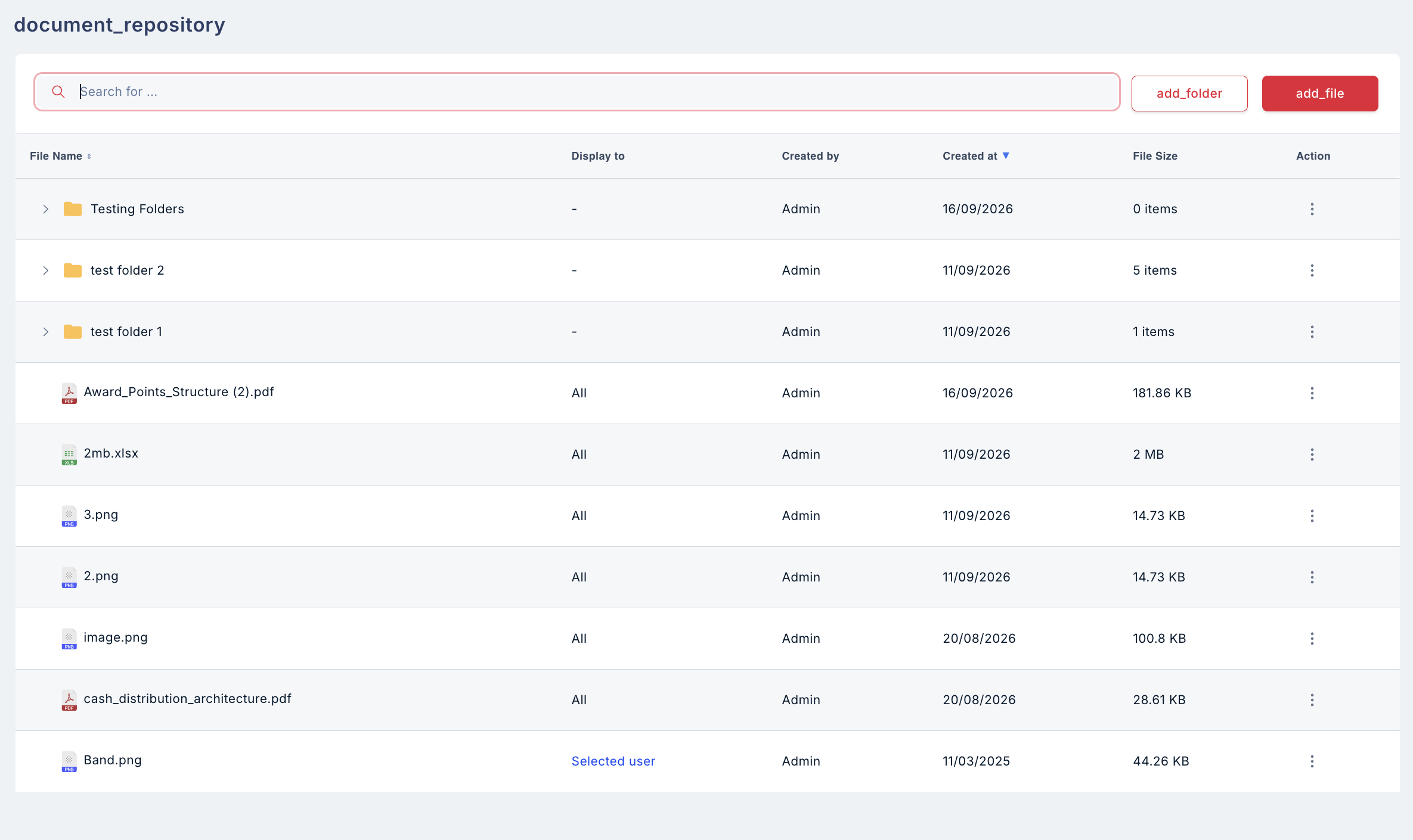 Document repository listing folders and files with their type, creator and last-modified details