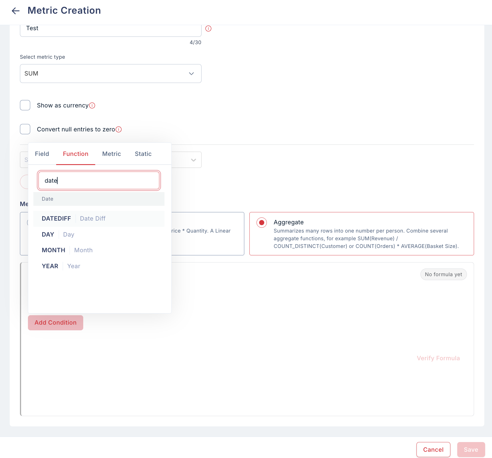 Metric creation screen with the function list showing the new date functions