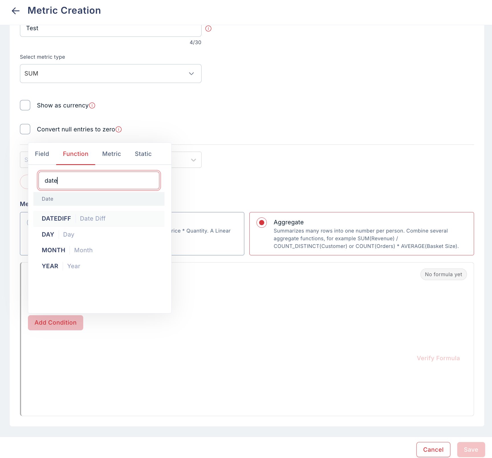Metric creation screen with the function list showing the new date functions