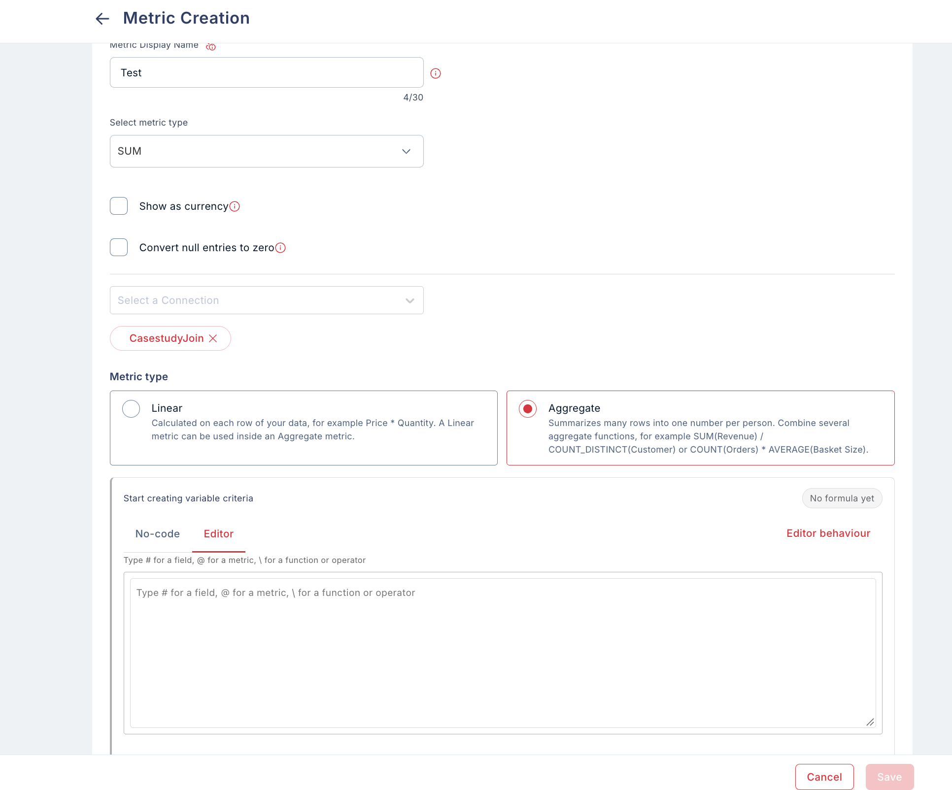 Metric creation screen with the formula editor open