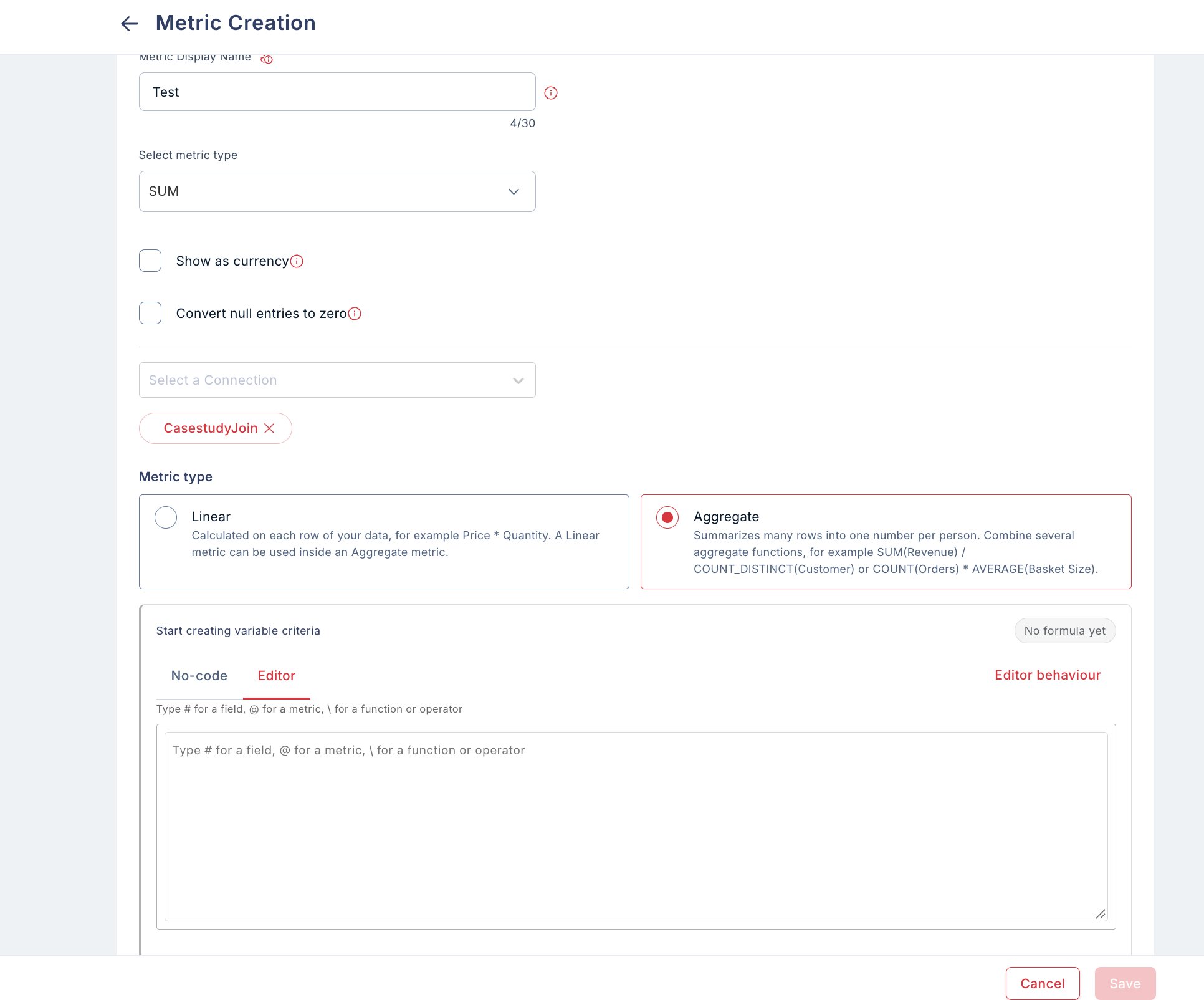 Metric creation screen with the formula editor open