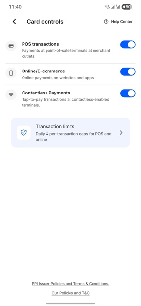 Card controls screen with POS, online and contactless payment toggles