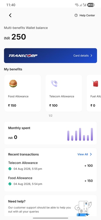 Empuls app card home showing total balance, wallet balances and spend