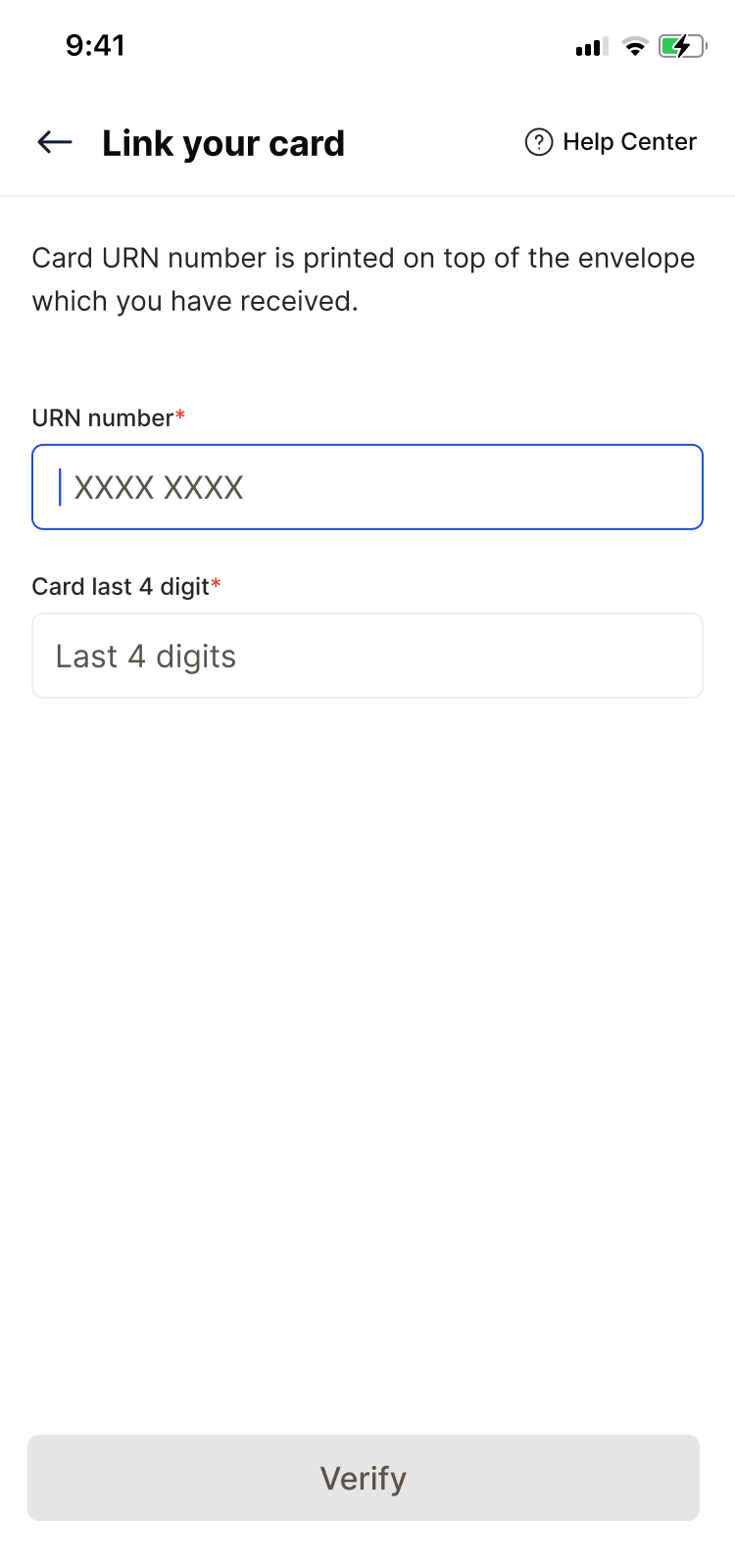 Link your card screen with URN number and card last four digits fields