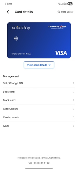 Card details screen with the Manage card menu for PIN, lock and controls