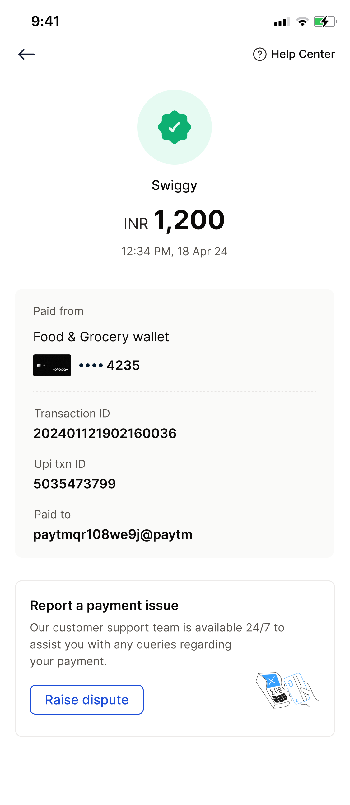 Transaction detail screen with merchant, wallet used and Raise dispute button