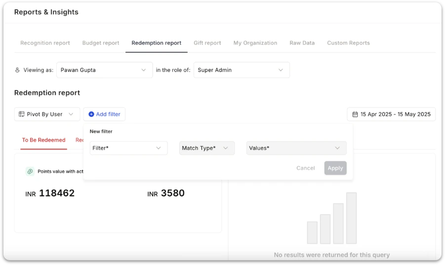 Redemption report — filter and pivot options