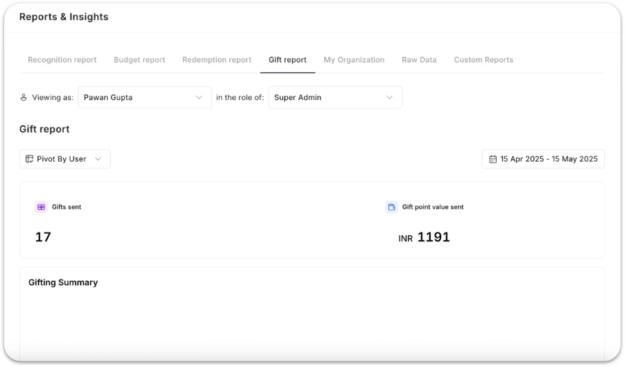 Gift report — filter options