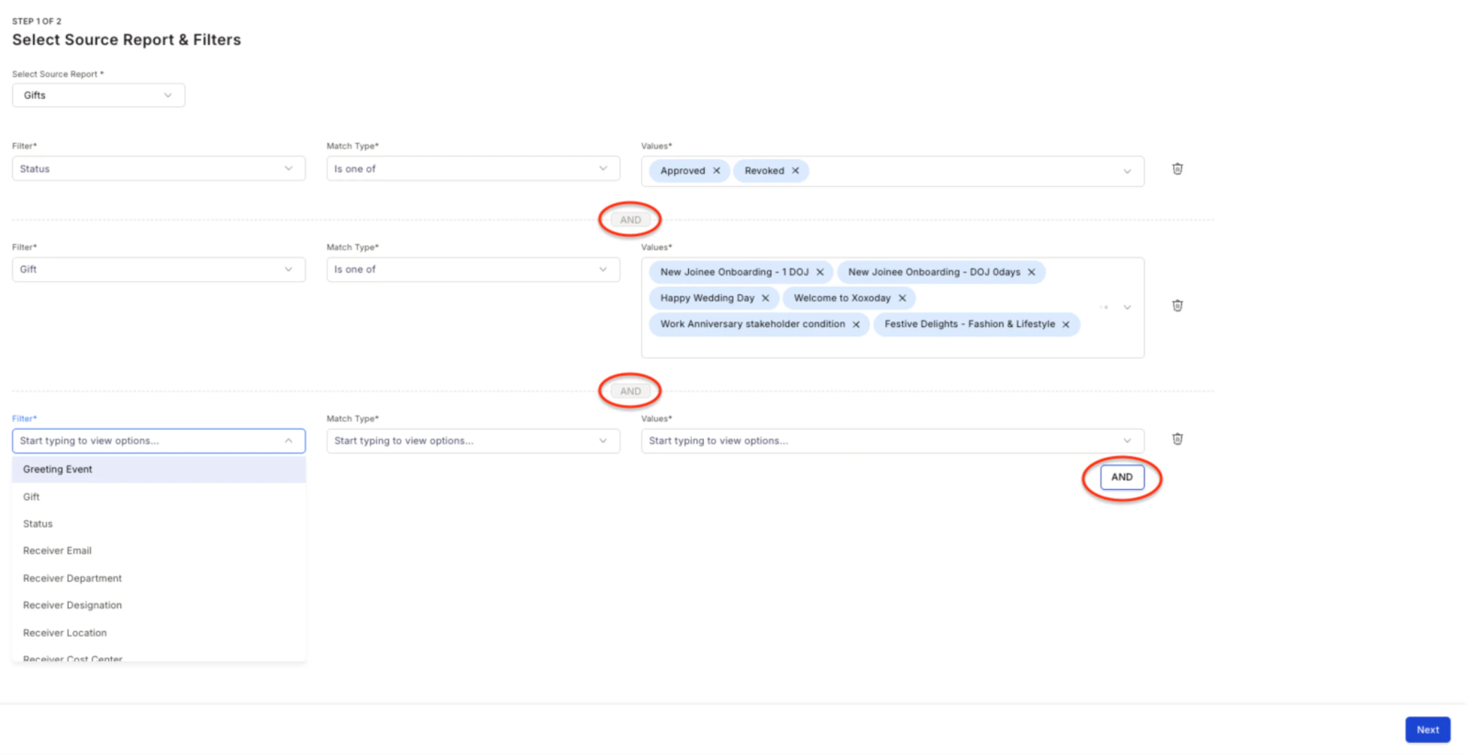 Custom report — filter configuration