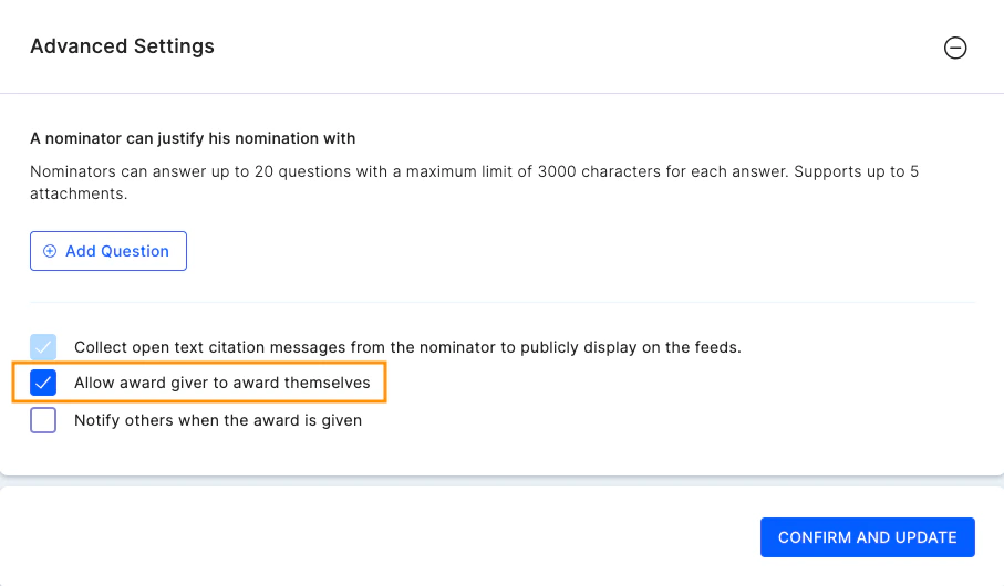 Self Nomination toggle in advanced award settings