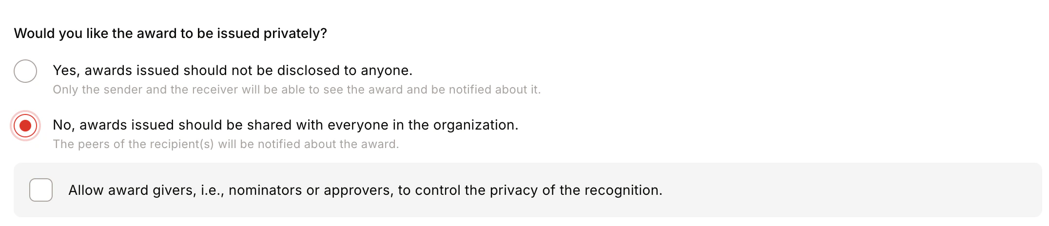 Award Visibility set to public with option to allow nominators to control visibility