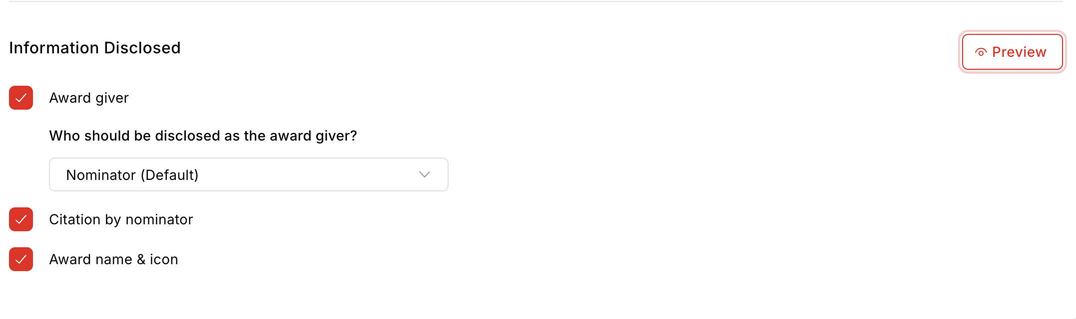 Information Disclosed checkboxes for Award Giver, Citation, and Award Name and Icon