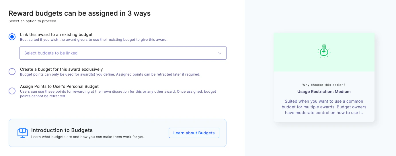 Reward budget setup screen showing three budget options