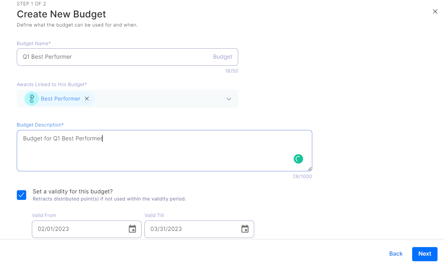 Create exclusive budget form with name, description, and validity period fields